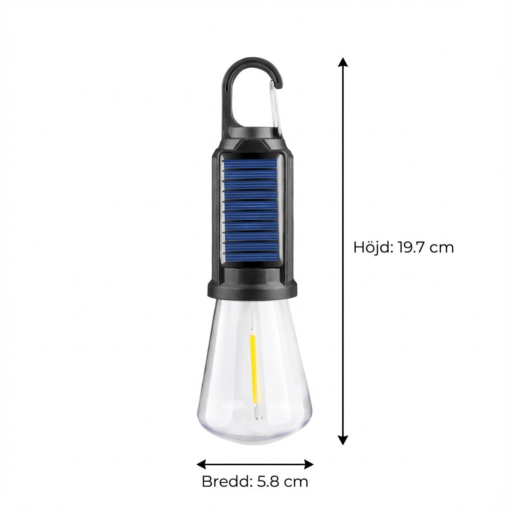 SOLARGLIMT – Solcellsdriven Campinglampa med Upphängningskrok, Uppladdningsbart Batteri och LED-ljuskälla