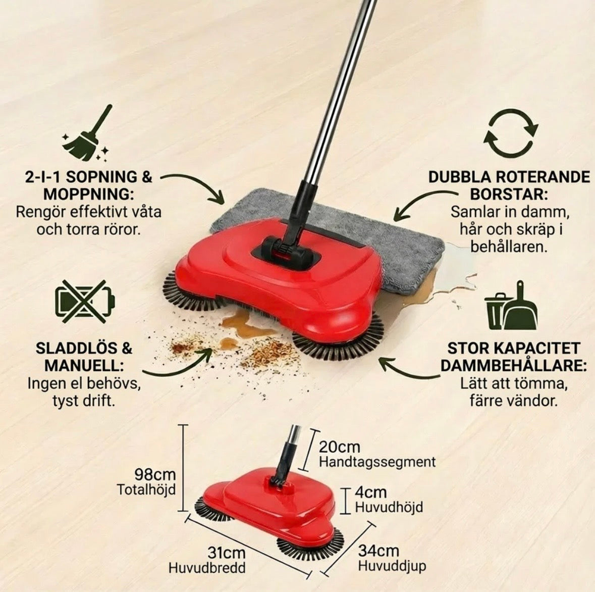 SWEEPX – 2-i-1 Sladdlös Sopborste & Dammsugare