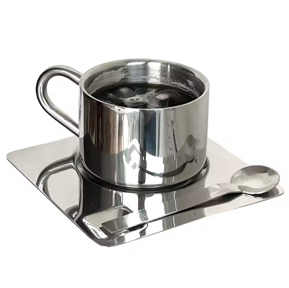STÅL - 3-delars Kaffekoppset i Rostfritt Stål med Fat och Sked