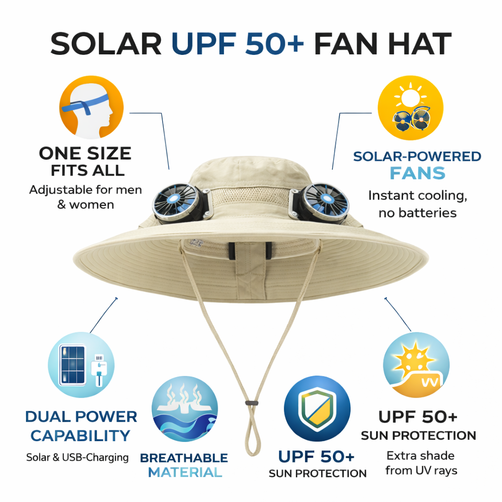 SOLARCOOL - Solhatt med Inbyggd Fläkt &amp; UPF50+