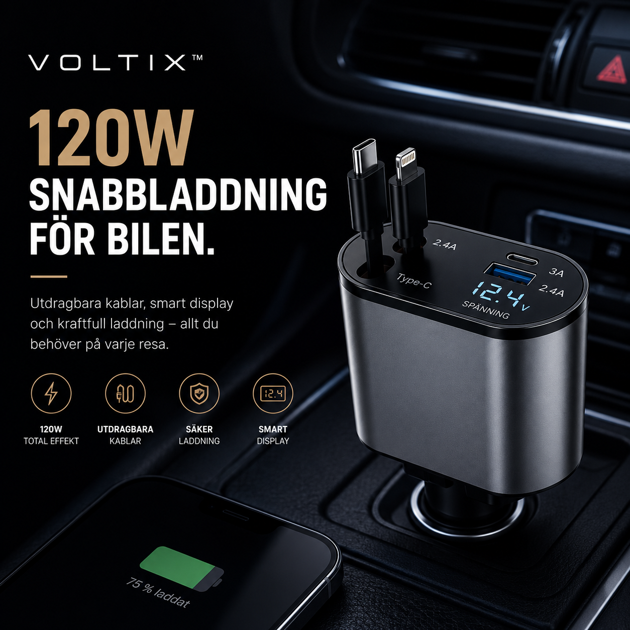 VOLTIX - Snabb utdragbar billaddare