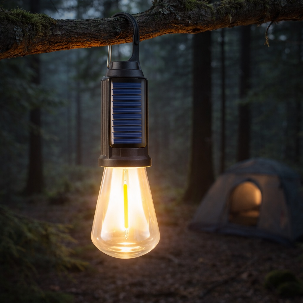 SOLARGLIMT – Solcellsdriven Campinglampa med Upphängningskrok, Uppladdningsbart Batteri och LED-ljuskälla