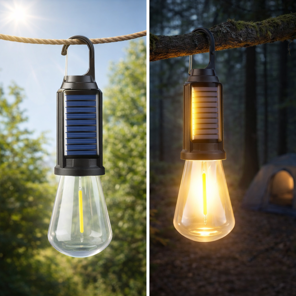 SOLARGLIMT – Solcellsdriven Campinglampa med Upphängningskrok, Uppladdningsbart Batteri och LED-ljuskälla