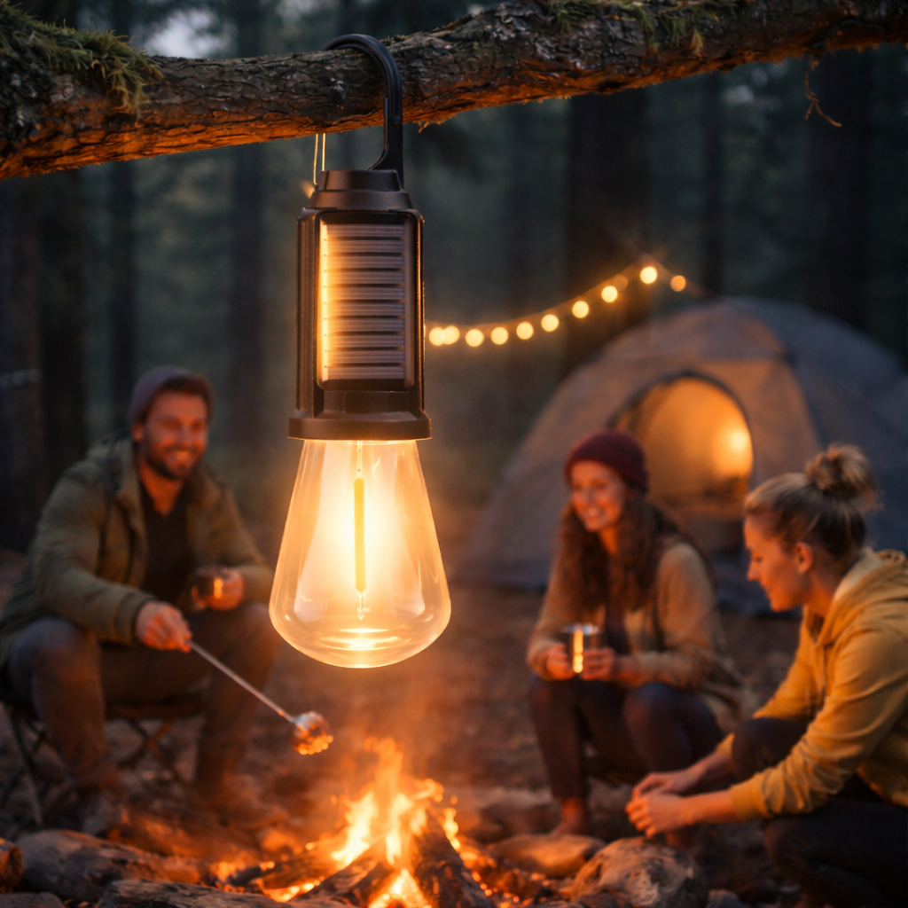 SOLARGLIMT – Solcellsdriven Campinglampa med Upphängningskrok, Uppladdningsbart Batteri och LED-ljuskälla