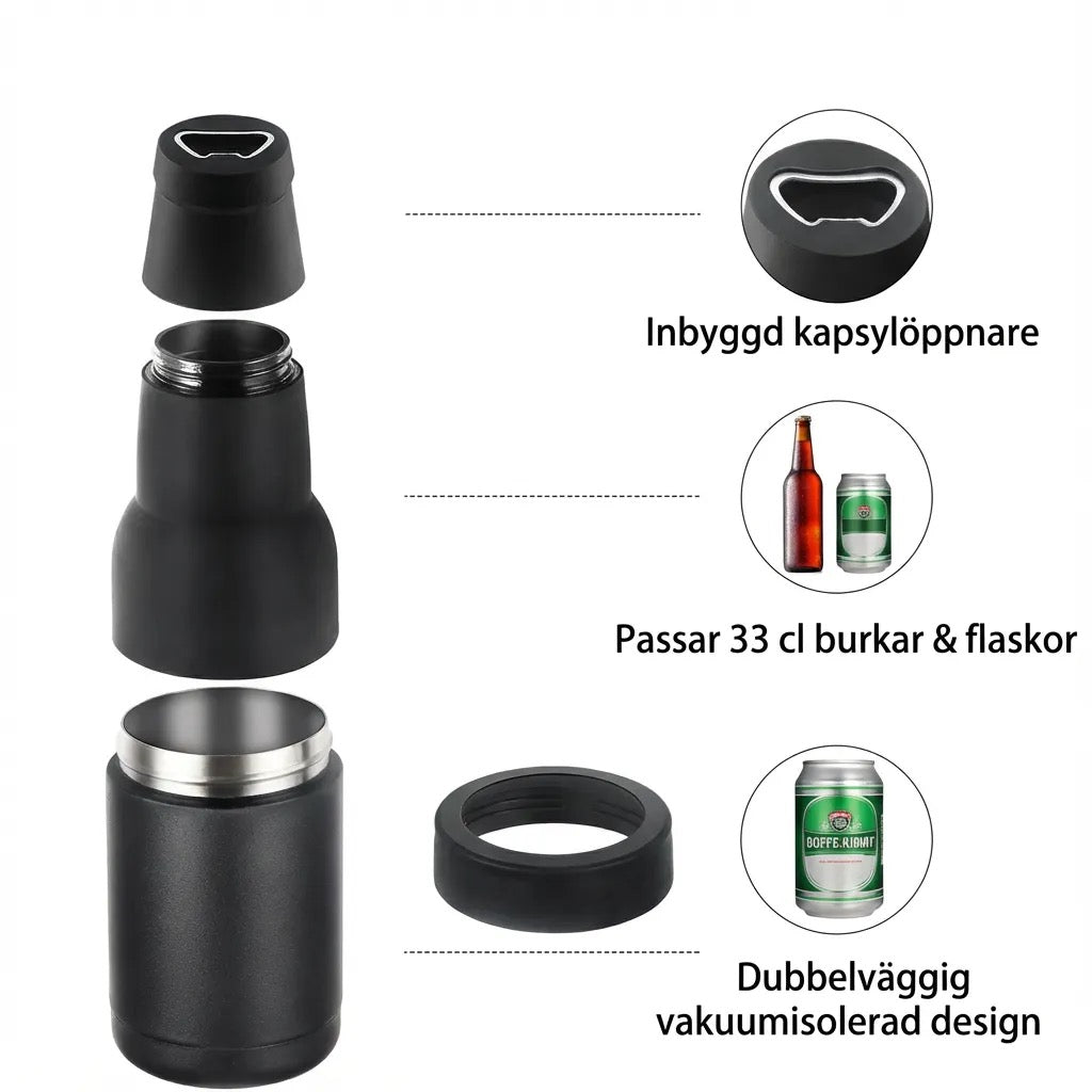 ISBÄGAREN™ – Isolerande dryckeskylare för burk och flaska med inbyggd kapsylöppnare