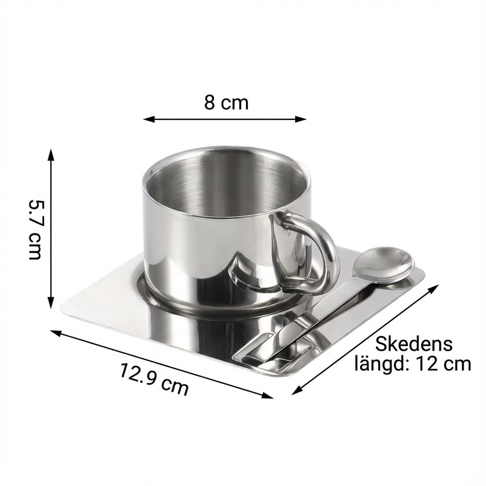 STÅL - 3-delars Kaffekoppset i Rostfritt Stål med Fat och Sked