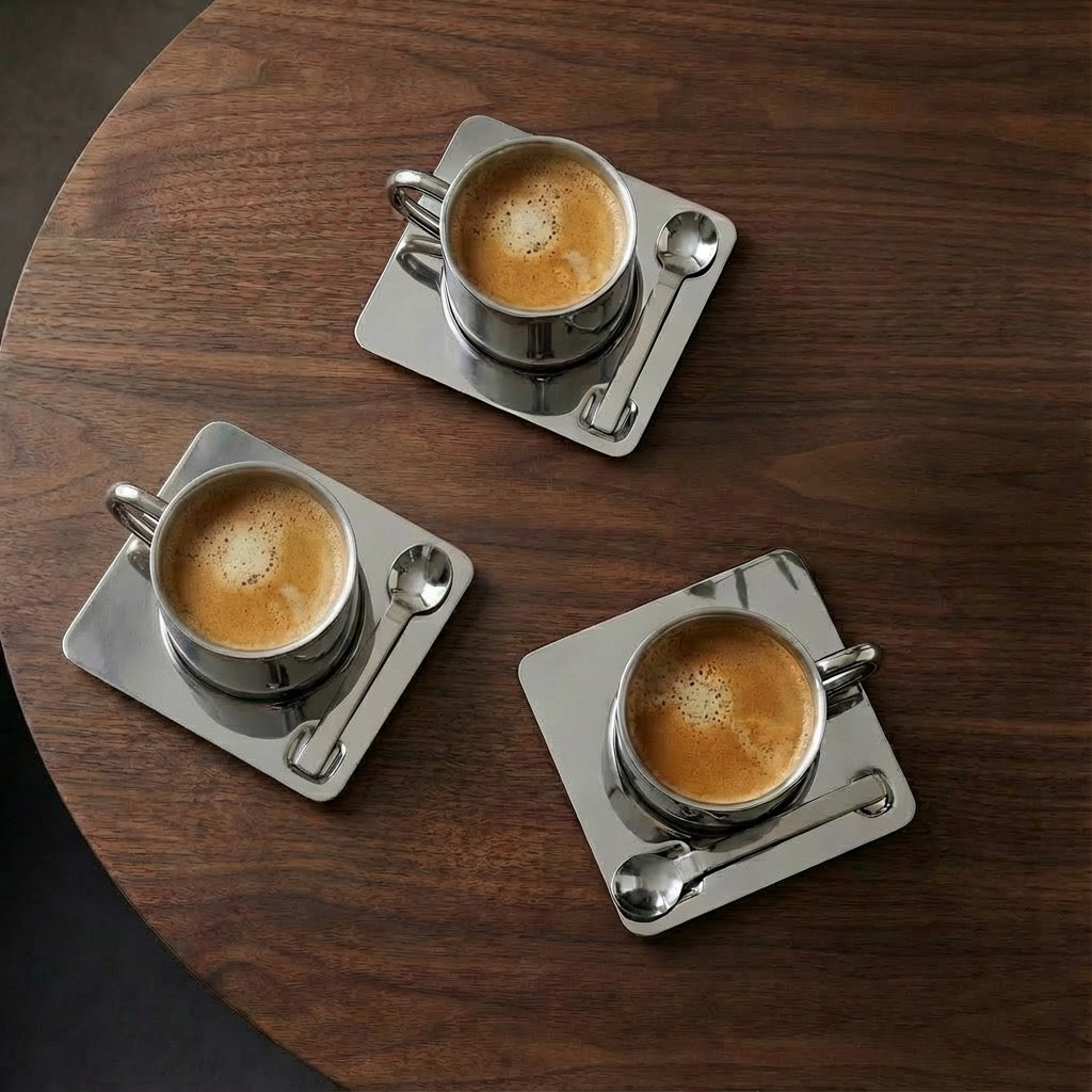 STÅL - 3-delars Kaffekoppset i Rostfritt Stål med Fat och Sked